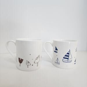 Vintage Charlotte Macey Set of 2 Coffee Tea Mugs - Sailboat and‎ Chicks